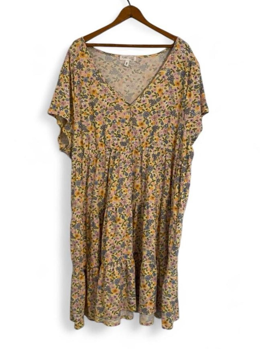 Planet Gold Women's 4X Yellow Floral Multicolor Summer Dress Ribbed Knit Stretch
